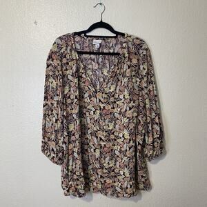 AVA & VIV Top Size 3X Multicolor Floral V Neck 100% Rayon 3/4 Sleeve Blouse